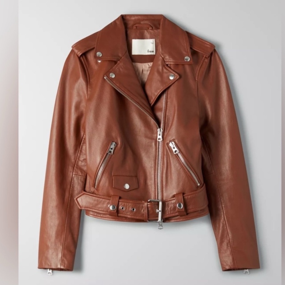 NWT Wilfred Free Aritzia Lennon Leather Jacket in Cognac Brown Size Large
